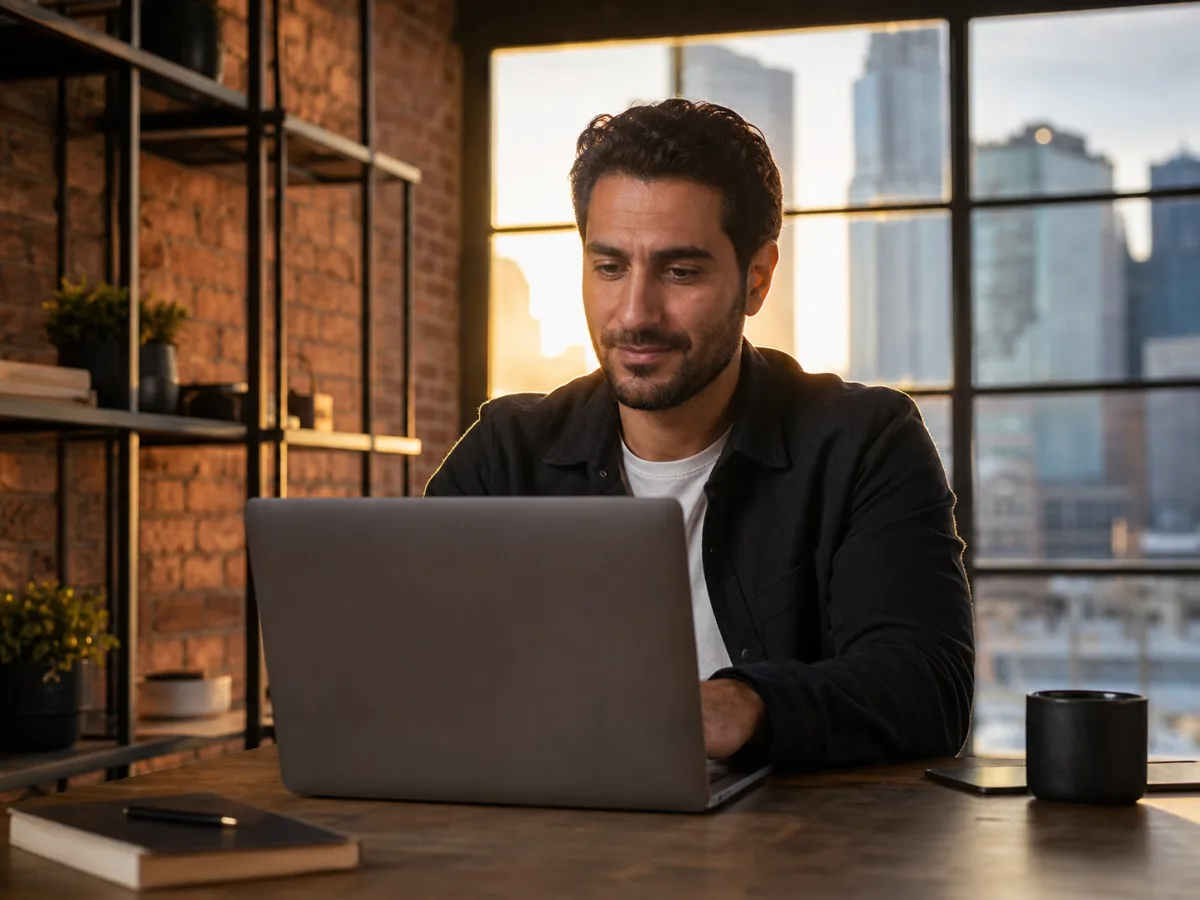 A small-business owner confidently using AI on their own work