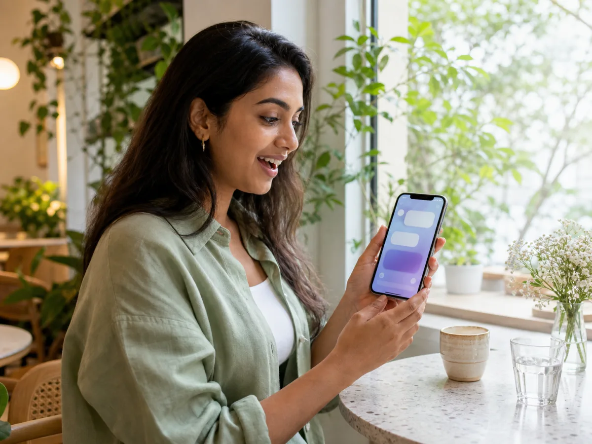 A person pleased to see an AI assistant recommending a business on a phone