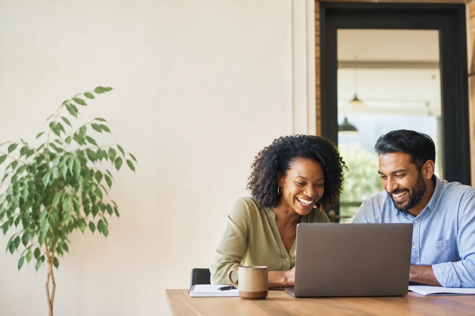 A woman and a colleague laughing together over a laptop at a table